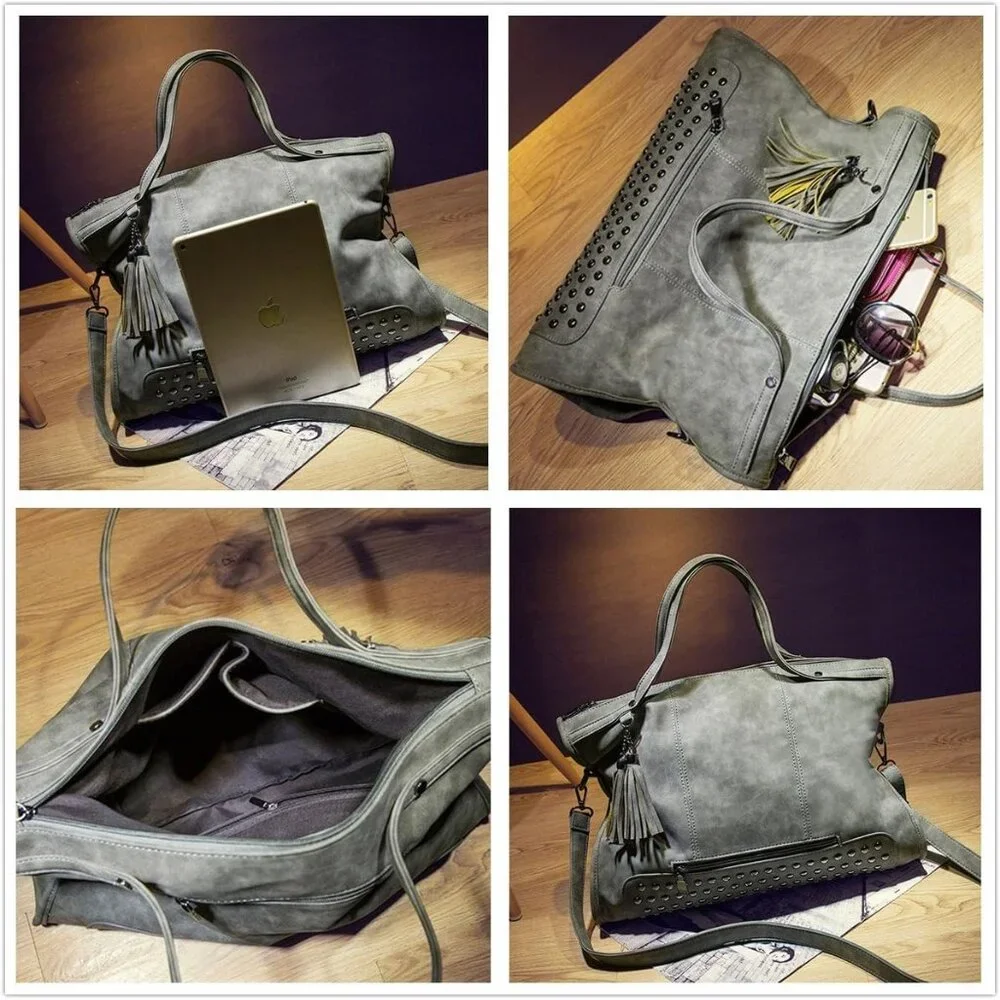 Source Unknown Gray Studded Tote with Tassel Accent